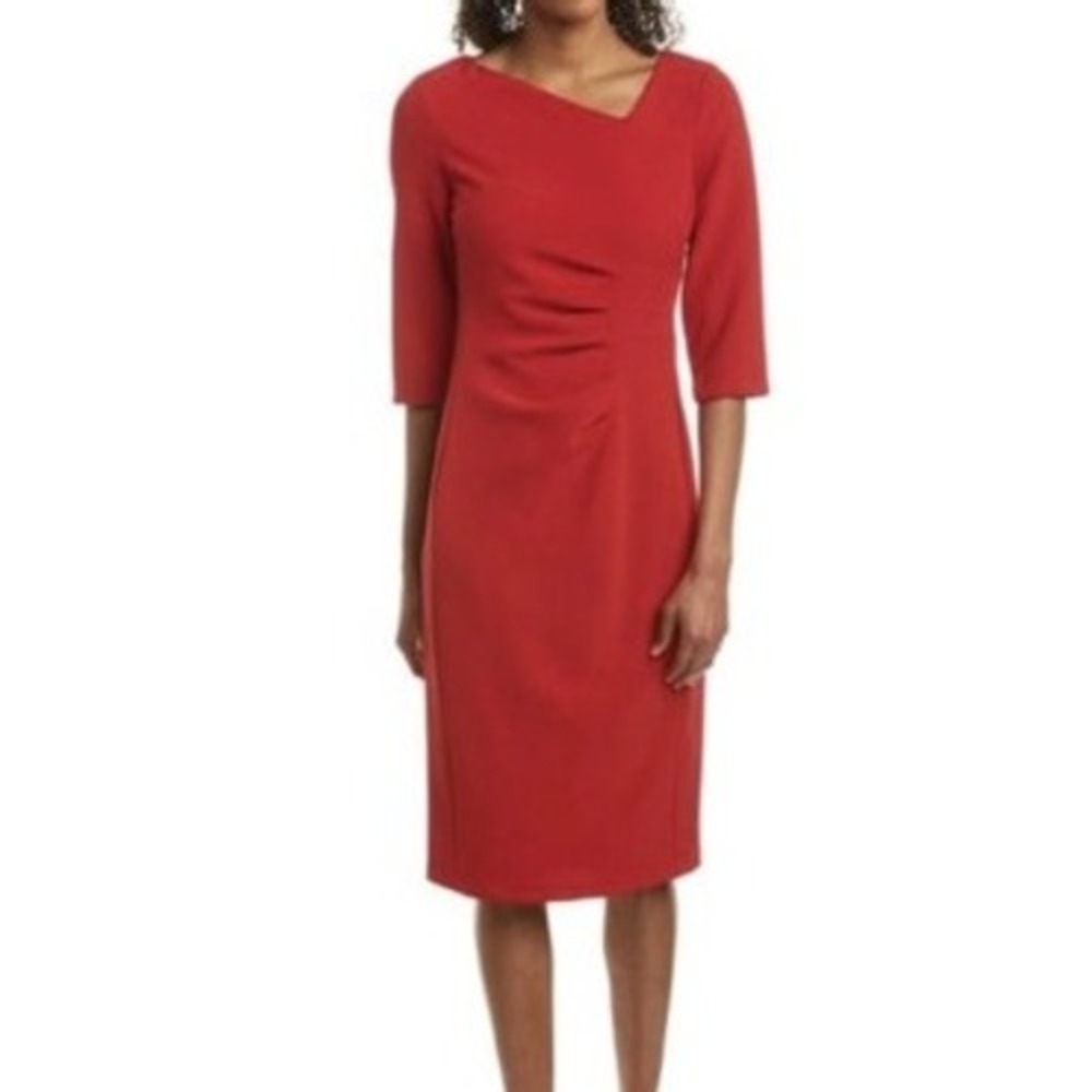 Donna Karan New York Red Sheath Dress 34 Sleeve Ruched Front Office Career‎
